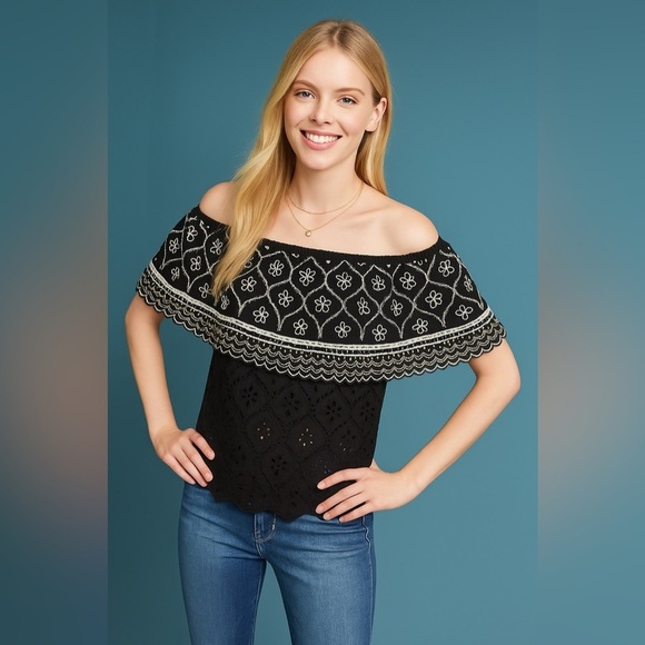 Anthropologie Tops - Hemant & Nandita Black Embroidered Off-Shoulder Top – Size XS